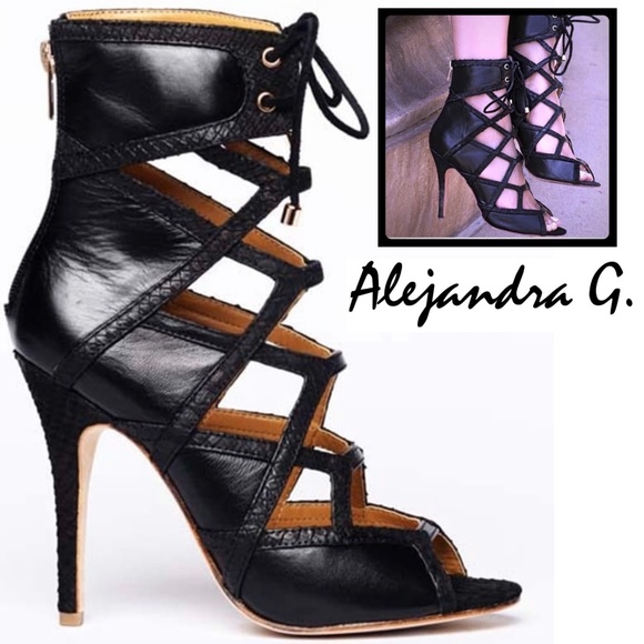 Black laced Alejandra G Wanda Black Leather Snake Stiletto Heel Sandals Pumps 37 - Picture 2 of 13